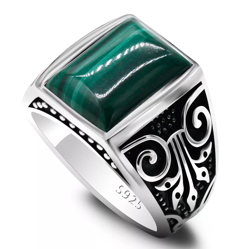 Anillo Turco de Malaquita Natural – Plata Esterlina 925, Estilo Tradicional de Turquía