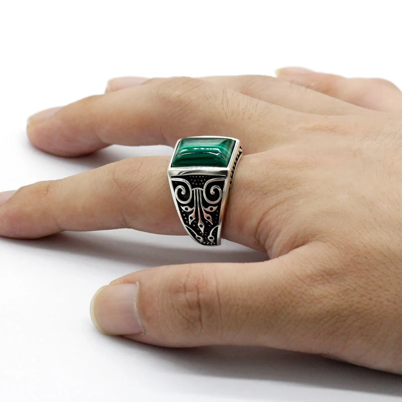 Anillo Turco de Malaquita Natural – Plata Esterlina 925, Estilo Tradicional de Turquía